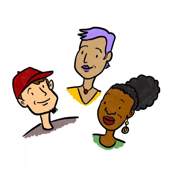 cartoon of three young people