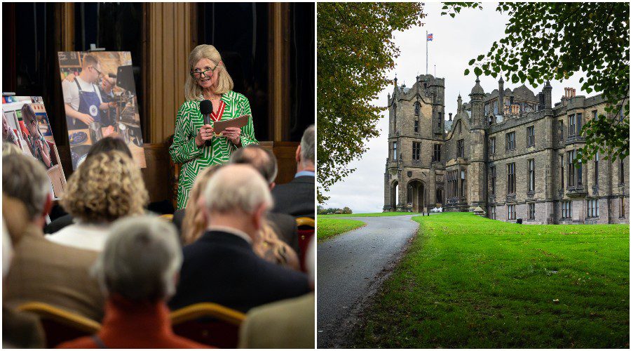 Picture of a woman presenting and a castle