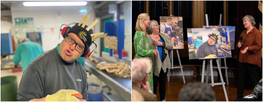 An image of a person working at a north yorkshire charity and people laughing together at a photography exhibition